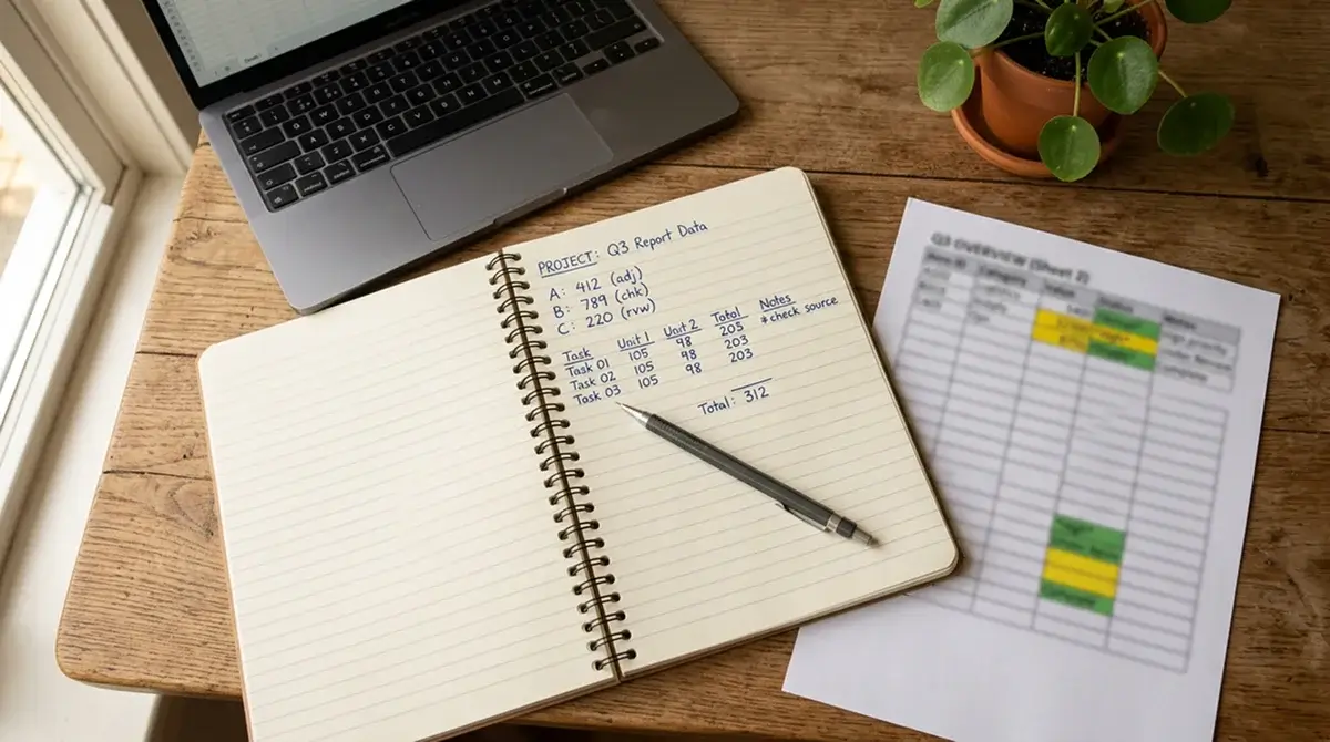 Notebook with handwritten basketball betting notes and a printed spreadsheet showing bet tracking results on a wooden desk