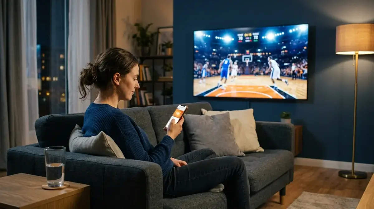Person holding a smartphone watching an NBA game on television while checking live basketball betting odds on the phone screen