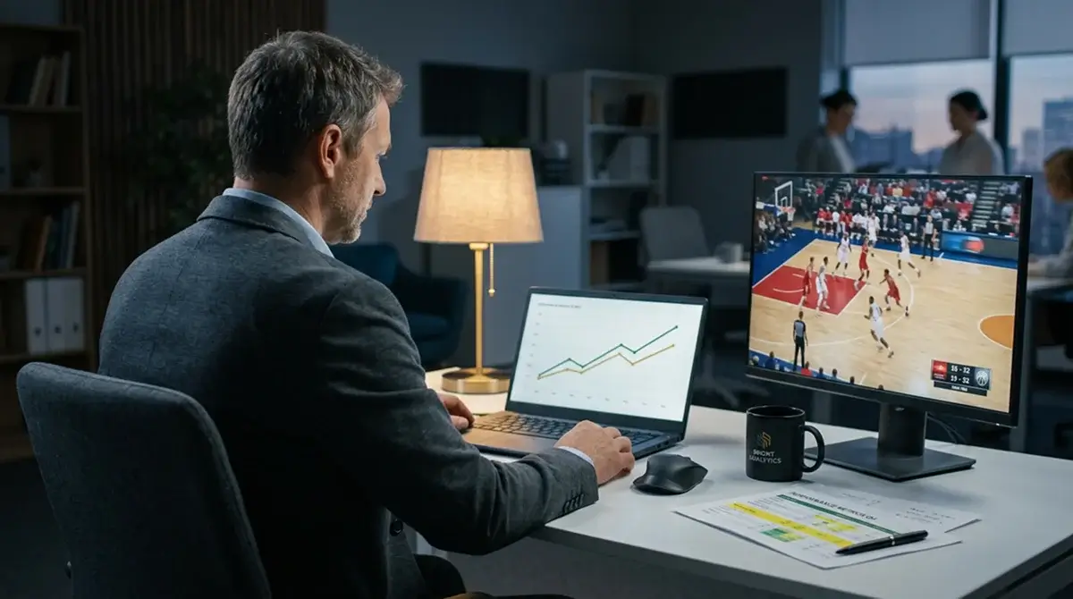 Sports analyst reviewing basketball betting market data on a laptop screen in a modern office